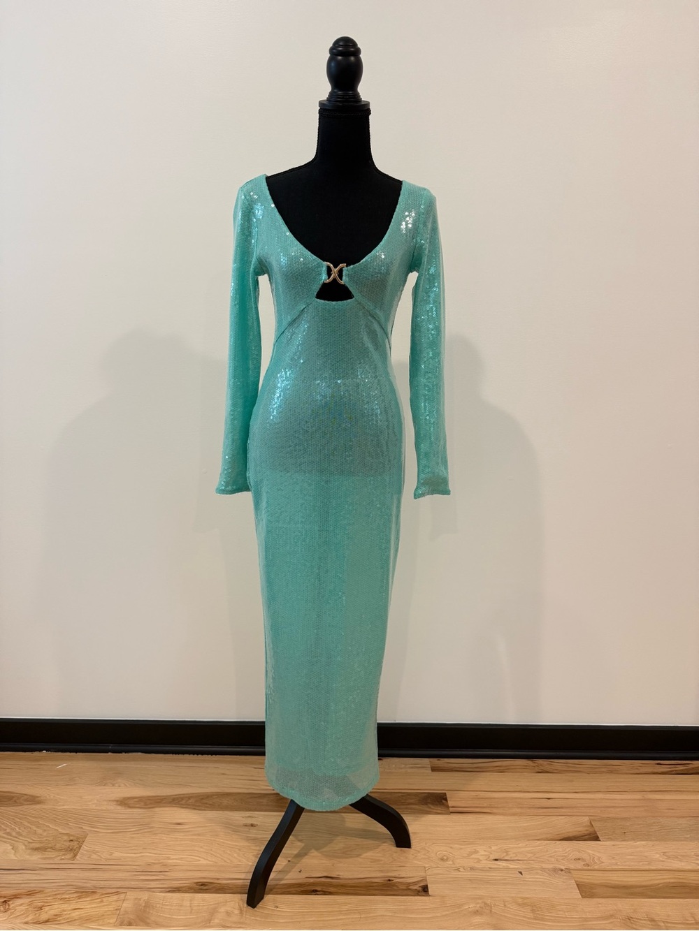 Turquoise Sequin Mesh Cutout Maxi Dress Swim Cover Up Size Medium